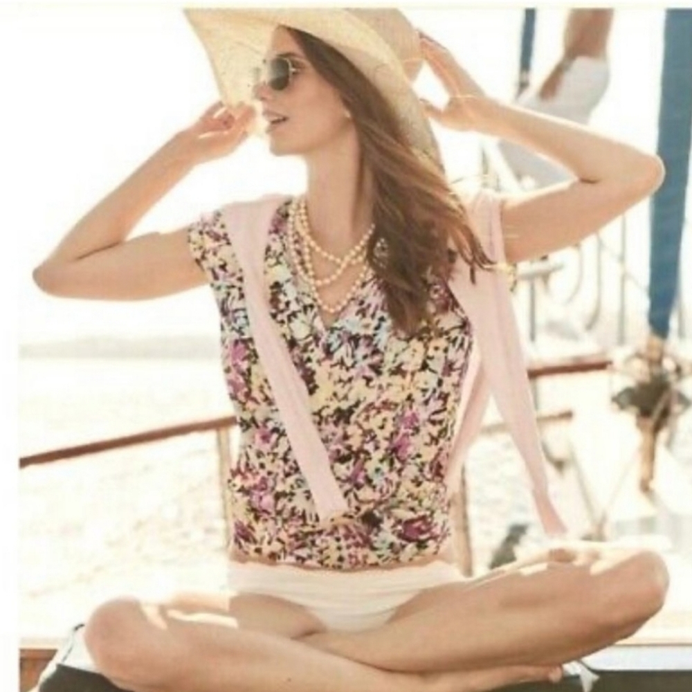 Cabi Eden Floral Watercolor Faux Wrap Cap Sleeve Blouse 5211